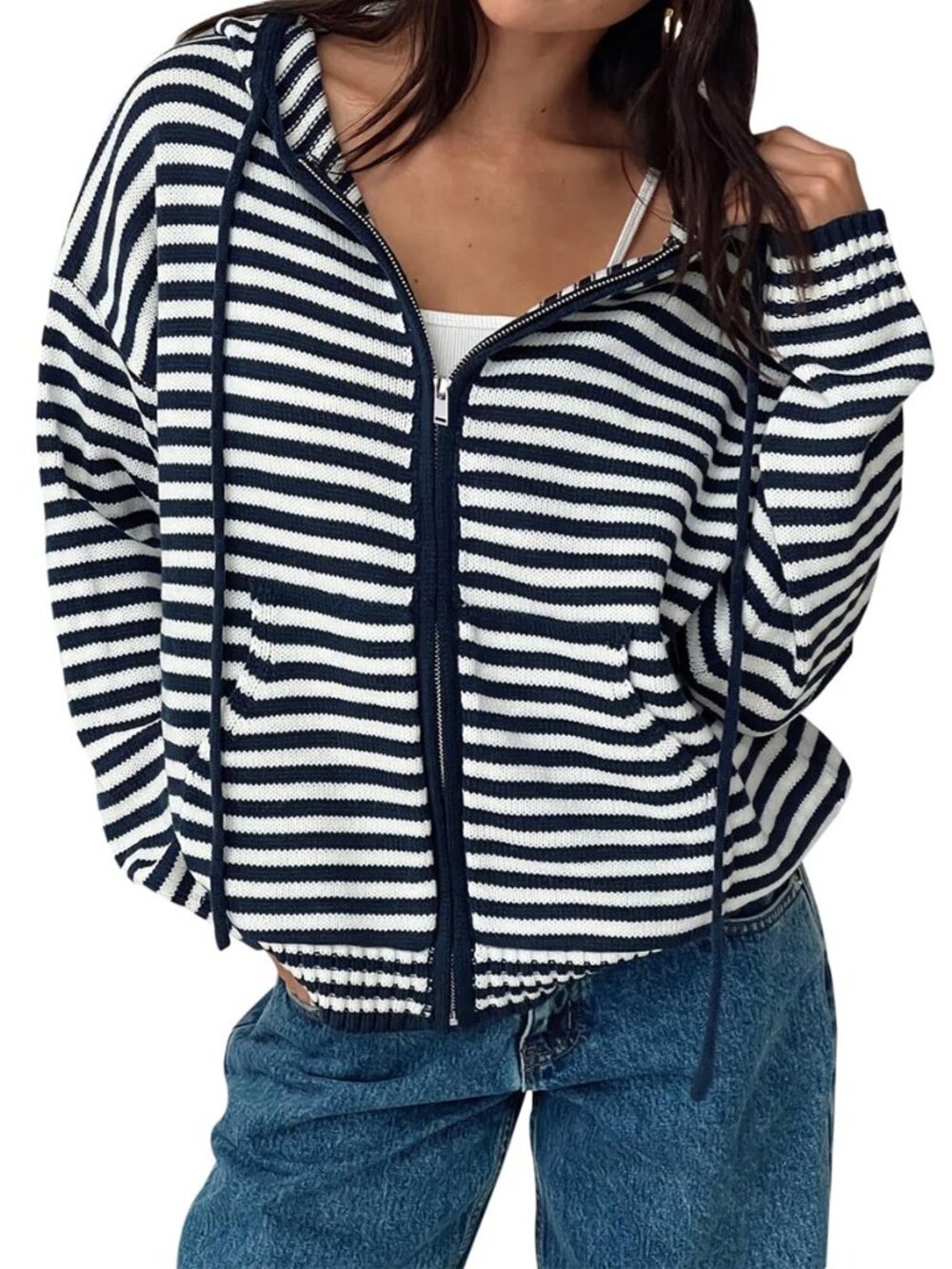 Womens Striped Zip Hoodie Cardigan Oversized Crop Sweaters Jackets
